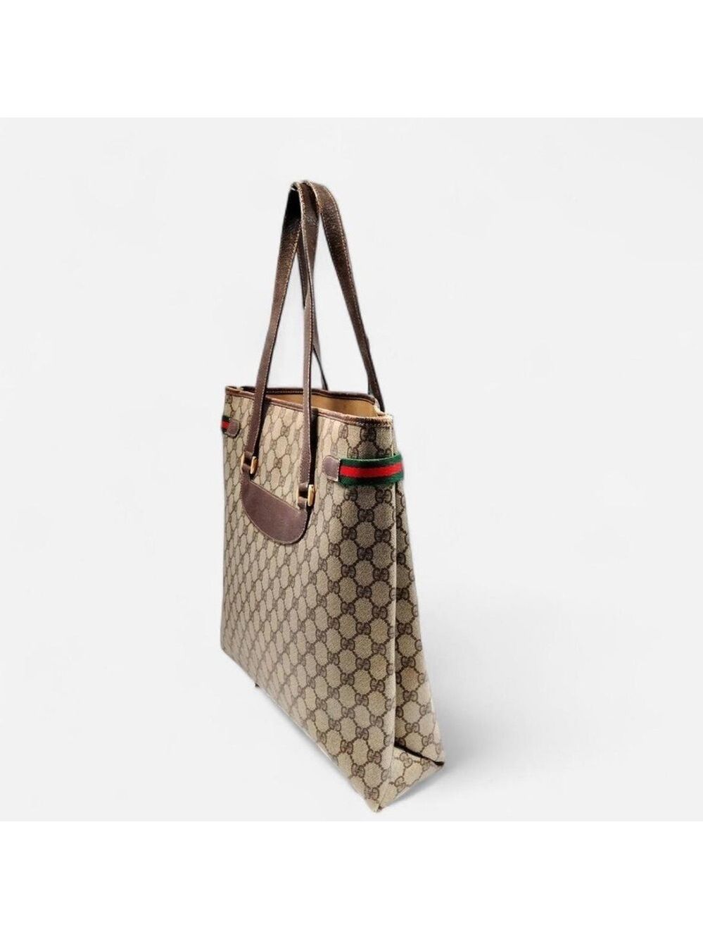 Gucci Vintage GG Canvas Web Stripe Tote Bag Brown Monogram Authentic - Picture 3 of 9